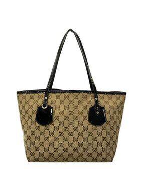 Gucci Tote Bag GG Pattern Dark Brown Beige Black Leather